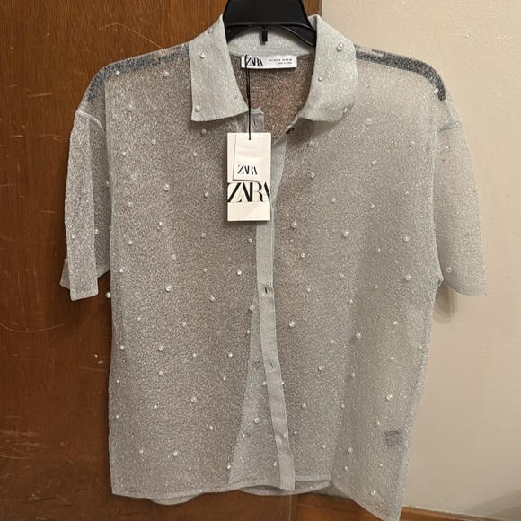 ZARA PEARL TRIM SEMI SHEER KNIT SHIRT S-M BNWT - Picture 4 of 10